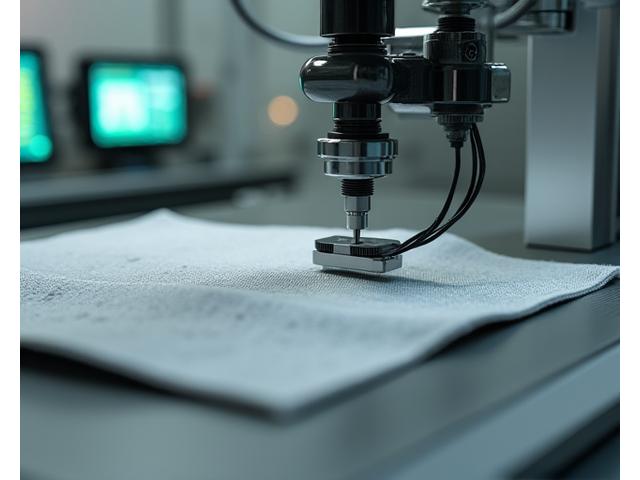 Close-up of textile undergoing durability testing in a lab setting, showcasing resistance to wear and tear.