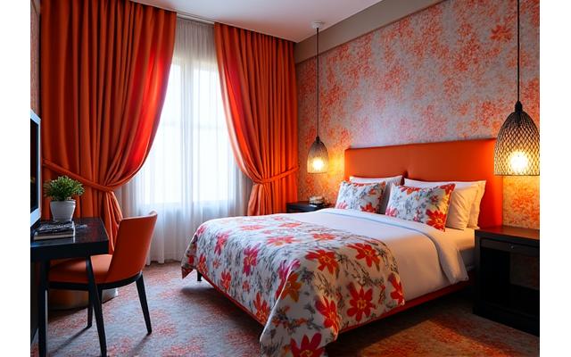 Vibrant boutique hotel room with custom graphic print bedding and unique textured drapes
