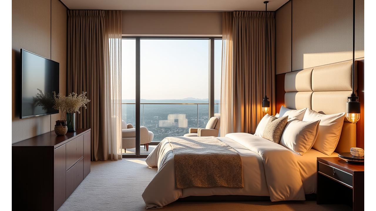 Luxurious hotel suite with custom designed bedding and drapery in warm, inviting tones