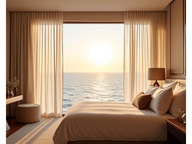 Luxury resort suite with expansive bespoke sheer and blackout drapes, and high-thread-count bedding