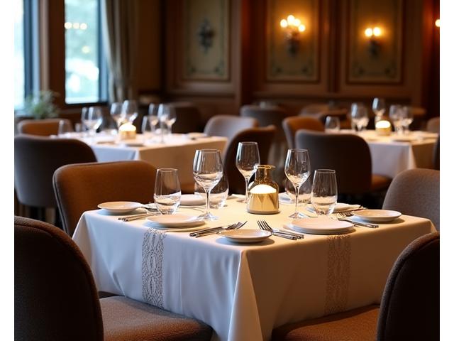 Fine dining restaurant setting with custom embroidered table linens and matching chair fabrics