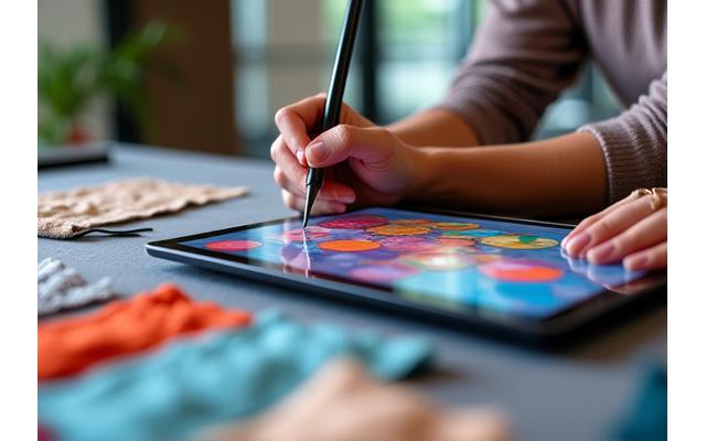 Creative director sketching textile patterns on a tablet with fabric samples
