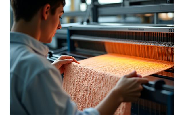 Skilled artisan operating a sophisticated textile weaving machine