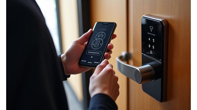 A guest's smartphone displaying a digital room key, held against a modern hotel door lock with advanced security features.