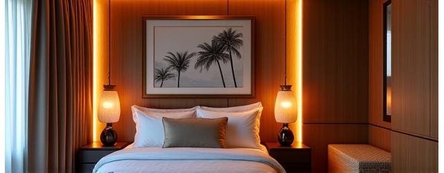 A luxurious boutique hotel room with subtle smart lighting and climate controls visible.