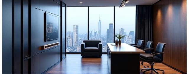 A sleek business hotel room with advanced tablet controls for productivity and comfort.