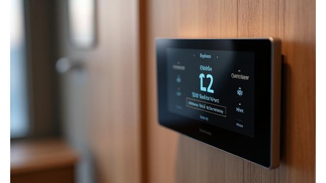 A modern thermostat with a digital display showing precise temperature settings in a hotel room, integrated with a sleek interface.