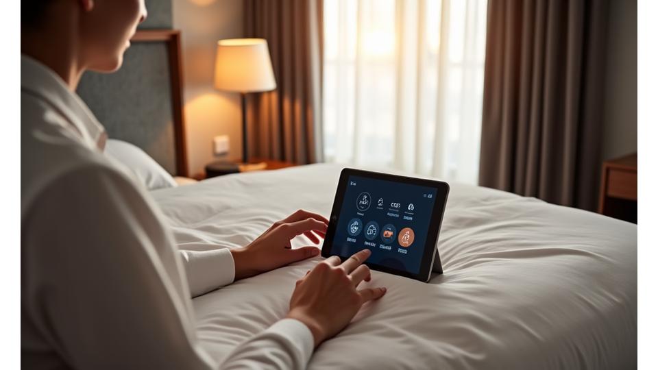 An overhead view of a modern hotel room, with interactive elements highlighted showing smart controls for lighting, temperature, and drapery. A guest's hand is shown interacting with a tablet displaying room controls.