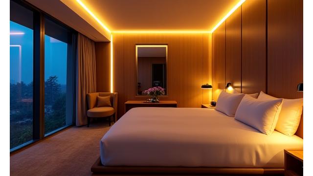 A finely lit hotel room interior at dusk, showcasing ambient and task lighting in various zones, controlled by smart automation.