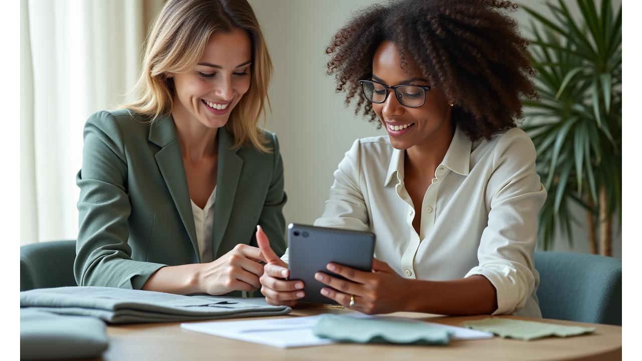 Two professionals discussing textile samples and sustainability plans in a well-lit office.