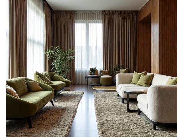 Before and after of a modern boutique hotel lobby, showcasing transformation with new textiles